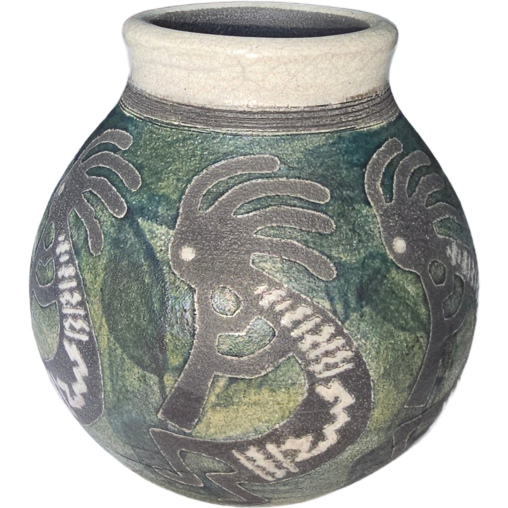 Vintage 2003 Studio Pottery Kokopelli Vase Green Blue Southwest Decor Ben Diller